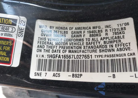 2007 Honda Civic Lx from USA, damaged, VIN 1HGFA16567L027651